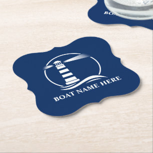 Your Boat Name or Text Classic Lighthouse Blue Paper Coaster