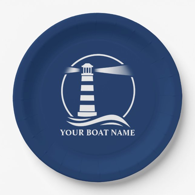 Your Boat Name or Text Lighthouse Navy Blue Paper Plate (Front)
