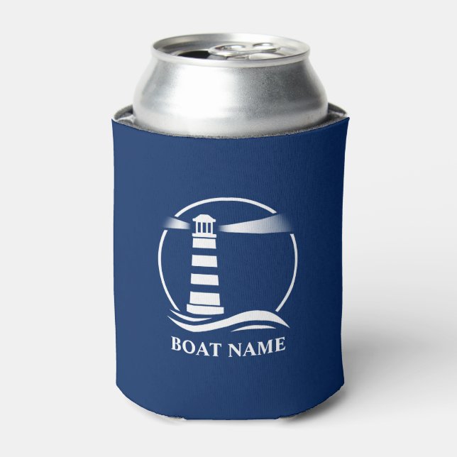 Your Boat Name or Text Nautical Classic Lighthouse Can Cooler (Can Front)