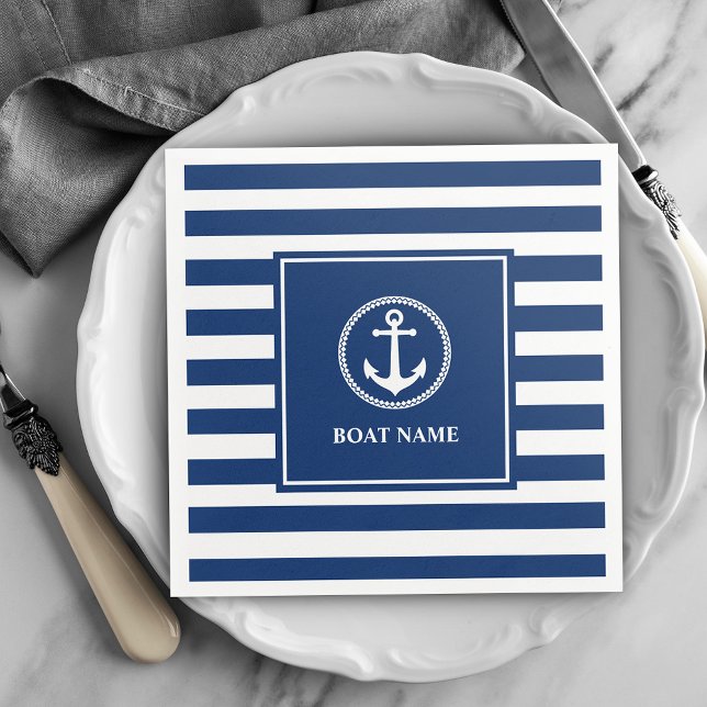 Your Boat Name Sea Anchor Blue Stripes Napkin (Creator Uploaded)