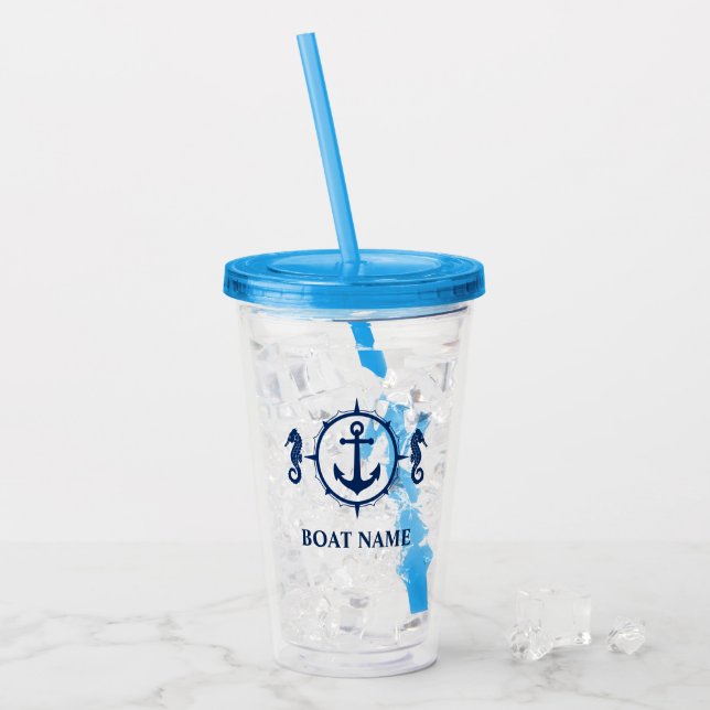 Your Boat Name Seahorse Anchor Blue Acrylic Tumbler (Front Ice)