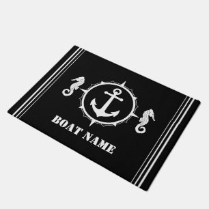 Your Boat Name Seahorse Anchor Chic Black Doormat