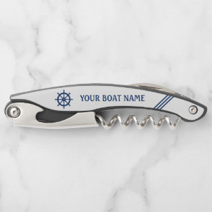 Your Boat Name Ship Wheel Helm Blue White Stripe Corkscrew