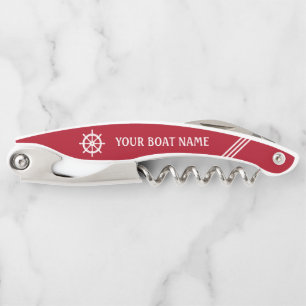 Your Boat Name Ship Wheel Helm Red White Stripe Corkscrew