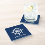 Your Boat Name & Ships Wheel Helm Glass Coaster<br><div class="desc">Your Custom Boat Name with a Nautical Ships Wheel Helm on Glass Coasters.</div>