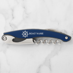 Your Boat Name Ships Wheel Helm on Navy Corkscrew