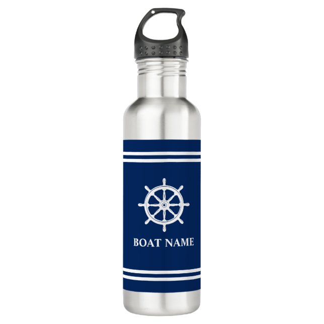 Your Boat Name Ships Wheel Helm White Stripes 710 Ml Water Bottle (Front)