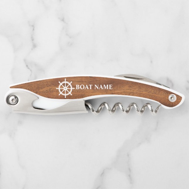 Your Boat Name Ships Wheel Helm Wood Style Corkscrew (Front)