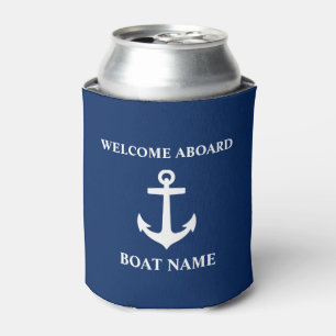 Your Boat Name Welcome Aboard Anchor Blue Can Cooler