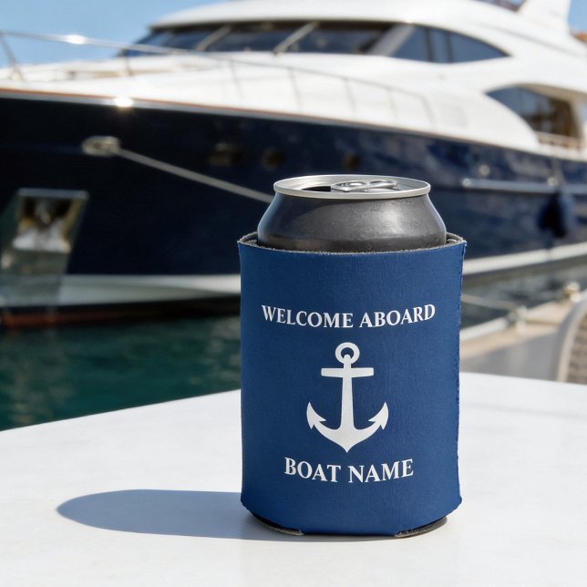 Your Boat Name Welcome Aboard Anchor Blue Can Cooler (Creator Uploaded)