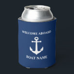 Your Boat Name Welcome Aboard Vintage Anchor Blue Can Cooler<br><div class="desc">Welcome Aboard Your Personalised Boat Name with Vintage Nautical Anchor on Navy Blue Can Cooler.</div>