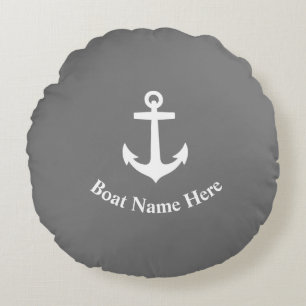 Your Boat Name With Classic Anchor On Gray Round Cushion