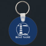 Your Boat Name with Classic Lighthouse Key Ring<br><div class="desc">Nautical Your Boat Name with a Classic Lighthouse on a Blue Keychain.</div>