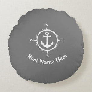 Your Boat Name With Compass Anchor On Gray Round Cushion