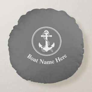 Your Boat Name With Rope & Anchor On Gray Round Cushion