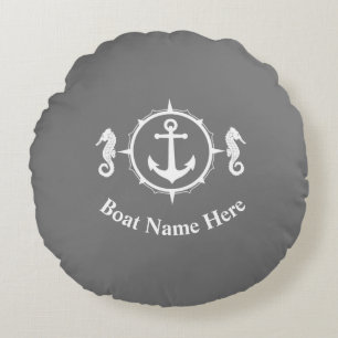 Your Boat Name With Seahorse Anchor On Gray Round Cushion