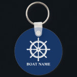 Your Boat Name with ships wheel helm Key Ring<br><div class="desc">Nautical Your Boat Name with a ships wheel helm on a Blue Keychain.</div>