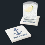 Your Boat or Family Name Anchor Navy blue Marble Stone Coaster<br><div class="desc">Stylish Marble Coasters with your personalised boat name,  family name or other text,  a custom nautical boat anchor in navy blue. Also available in sandstone,  travertine and limestone.</div>