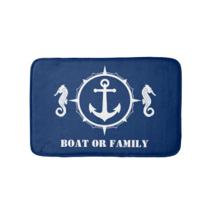Your Boat or Family Name Seahorse Anchor Navy Blue Bath Mat