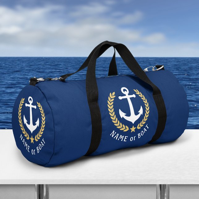 Your Boat or Name Anchor Gold Laurel Star Navy Duffle Bag (Two sizes to choose from. Easily Edit the design to change bag colors as needed.)