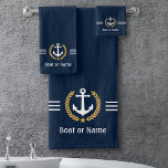Your Boat or Name Anchor Gold Laurel Stripes Blue Bath Towel Set<br><div class="desc">Personalise your home with an elegant nautical themed bath towel set displaying your boat name, family name or other desired text. This custom design features a vintage boat anchor, gold style laurel leaves with star emblem and finished off with delicate white stripes on a deep navy blue background. The back...</div>