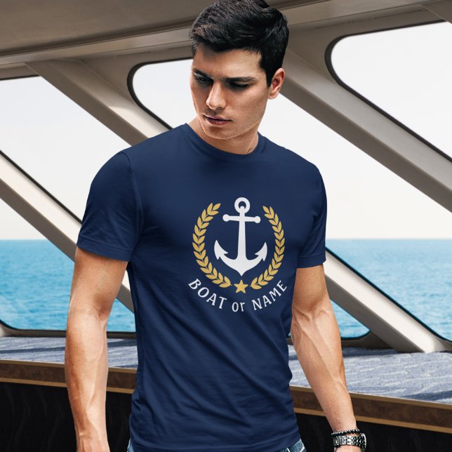 Your Boat or Name Anchor Gold Style Laurel Navy T-Shirt (Creator Uploaded)