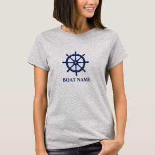 Your Boat or Name & Navy Ships Wheel Helm Grey T-Shirt