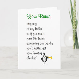 Your Bonus - a funny poem about your bonus Thank You Card