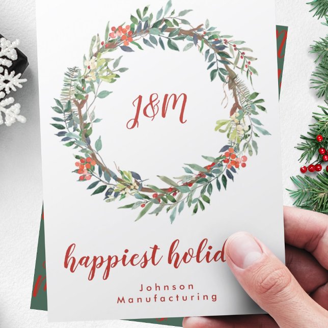 Your Business Logo | Happiest Holidays Wreath Holiday Card (add your business logo, photo or family monogram front and back - contact me for design help)