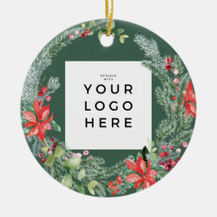 Your Business Logo Happiest Holidays Wreath Holly Ceramic Tree Decoration
