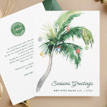 Your Business Logo Tropical Palm Tree Christmas Card<br><div class="desc">A modern stylish holiday flat greeting card with modern and handwritten script typography featuring a decorated Palm Tree. Easily customise this card by clicking the "Personalise" button. Whether you're expressing gratitude, extending best wishes, or simply sharing the spirit of the season, our Custom Palm Tree Business Christmas Greetings Card is...</div>