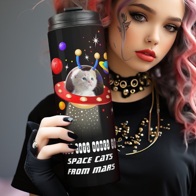 Your Cat in UFO Kitten Cat in Space Personalised Thermal Tumbler (Put your cat in this UFO for a perfect memento of your loved pet.)