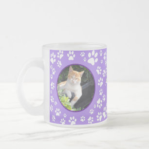 Your Cat Memorial Photos Paw Prints Purple Frosted Glass Coffee Mug