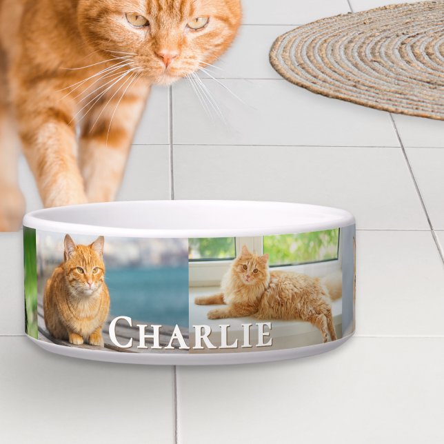 Your Cat Photo Collage Custom Name Bowl (A personalized cat bowl with custom photo collage and your pet's name)