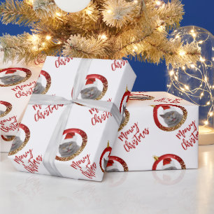 Your Cat Photo Red Gold Meowy Christmas Wrapping Paper