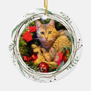 Your Cat Photo Watercolor Wreath 1st Christmas Ceramic Tree Decoration