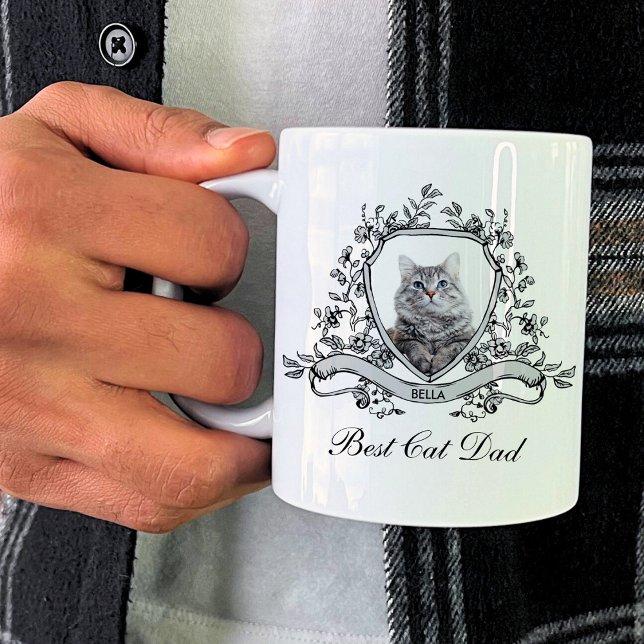 Your Cat's Photo in a Floral Crest | Best Cat Dad Coffee Mug (Creator Uploaded)
