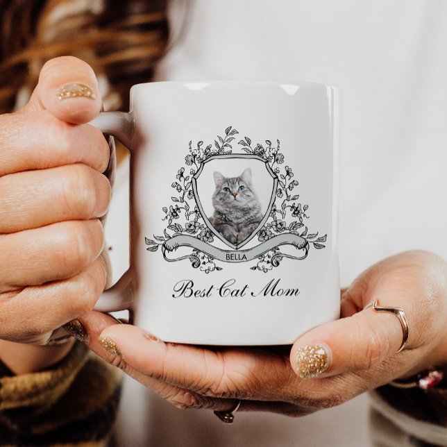 Your Cat's Photo in a Floral Crest | Best Cat Mum Coffee Mug (Creator Uploaded)