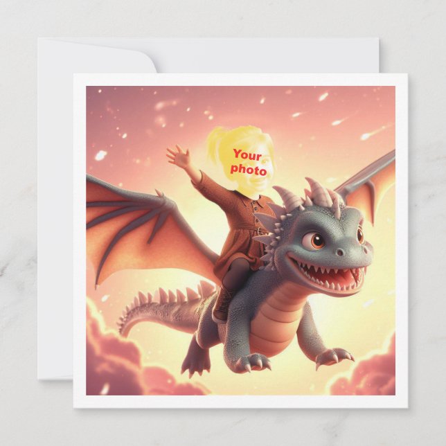 Your child flying on a cute dragon, dragon card (Front)