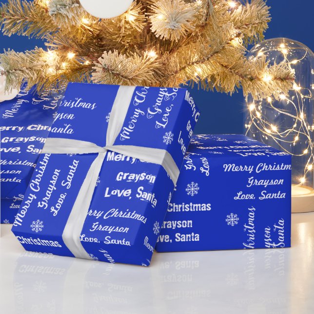 Your Child's Name on Blue Gift Wrap from Santa (Holidays)