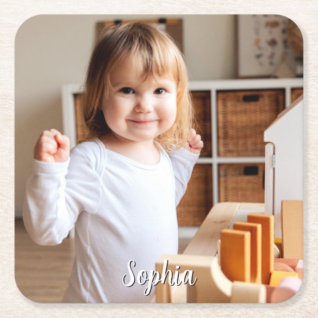 Your Child's Photo & Script Name Square Paper Coaster (Front)