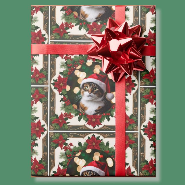 Your Christmas Pet Cat Photo Red Green  Wrapping Paper (Creator Uploaded)