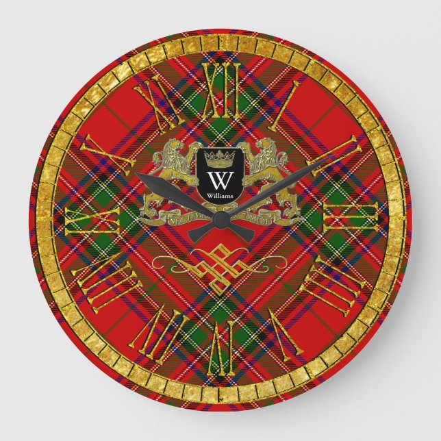 Your Coat of Arms Monogram and Tartan Large Clock (Front)