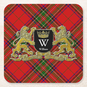Your Coat of Arms Monogram and Tartan Square Paper Coaster