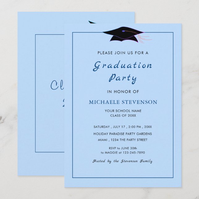 Your Colour Sky Blue Graduation Invitation Templat (Front/Back)