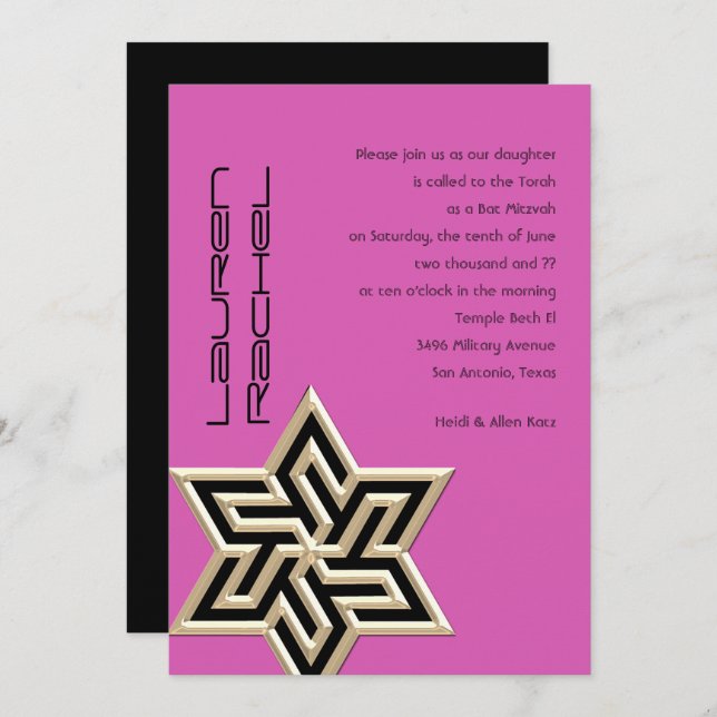 Your Colours Bat Mitzvah Large Gold Star of David Invitation (Front/Back)