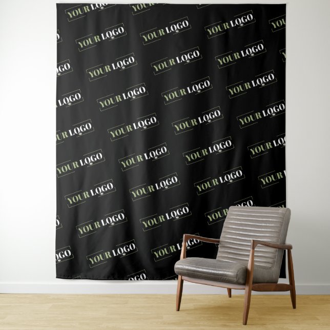 Your Company Logo Diagonal Repeat Black Backdrop Tapestry (In Situ)