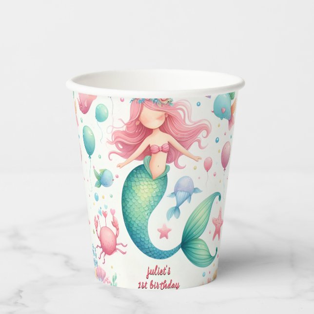 your cool fish sea blue mermaid ocean 1st Birthday Paper Cups (Front)