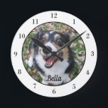 Your Custom Dog Photo Cute Pet Owner Round Clock<br><div class="desc">Personalize with your own dog's photograph on this custom pet wall clock and customize with their name at the bottom. A beautiful personalized gift for a dog or cat owner to immortalize their love. Bordered in white with black numbers.</div>