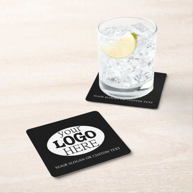 Your Custom Logo and Text on Black Square Paper Coaster (Insitu)